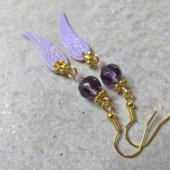 Purple, Lilac + Gold! Angel Wings Dangle Earrings! Patina Painted Wings - Picture 2 of 7